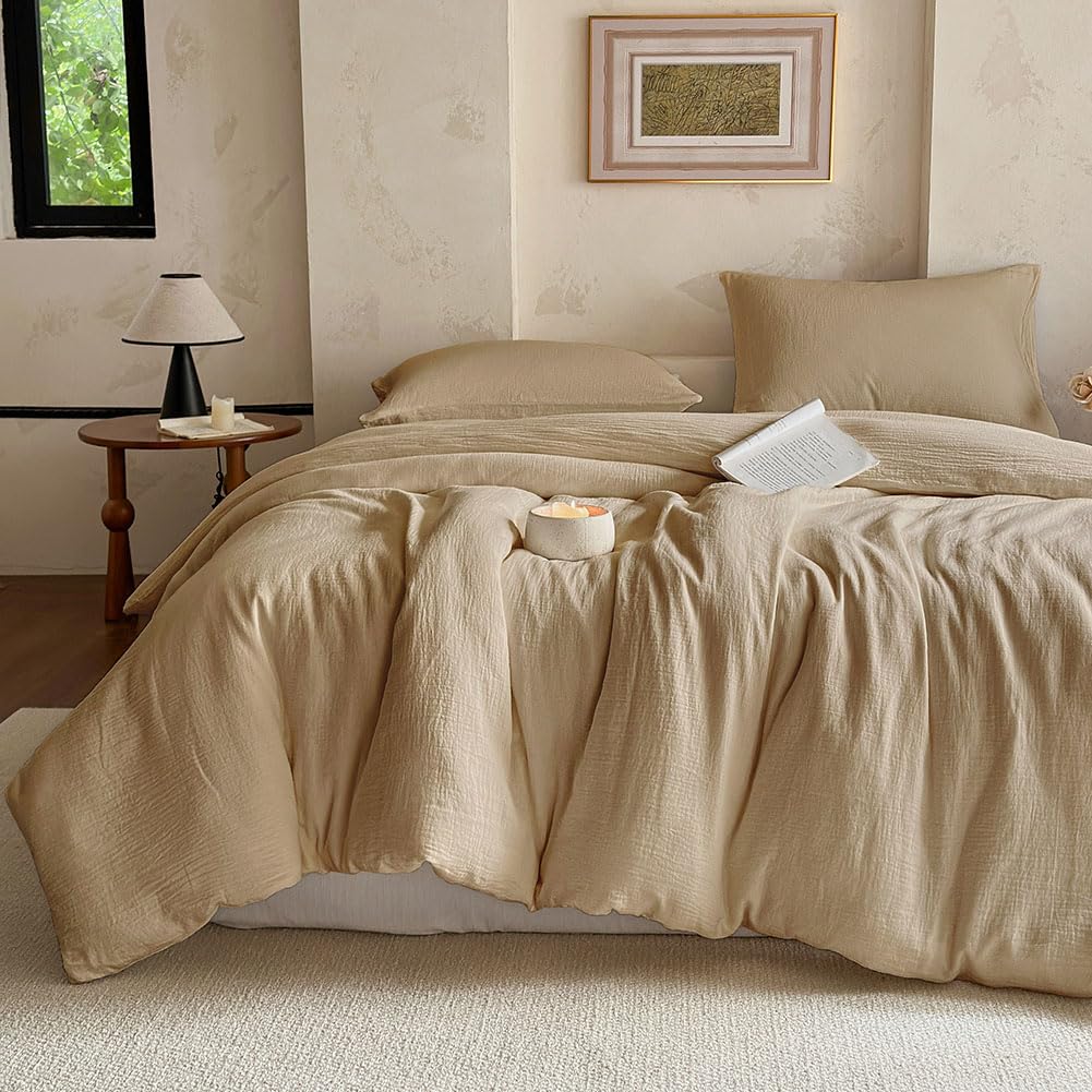 NSNLGSGC 100% Muslin Cotton Houndstooth Duvet Cover King Size, 2-Layer Small Checked Lightweight and Breathable Muslin Bedding, Linen Like Gauze Comforter Cover Set (Mocha Houndstooth, King)