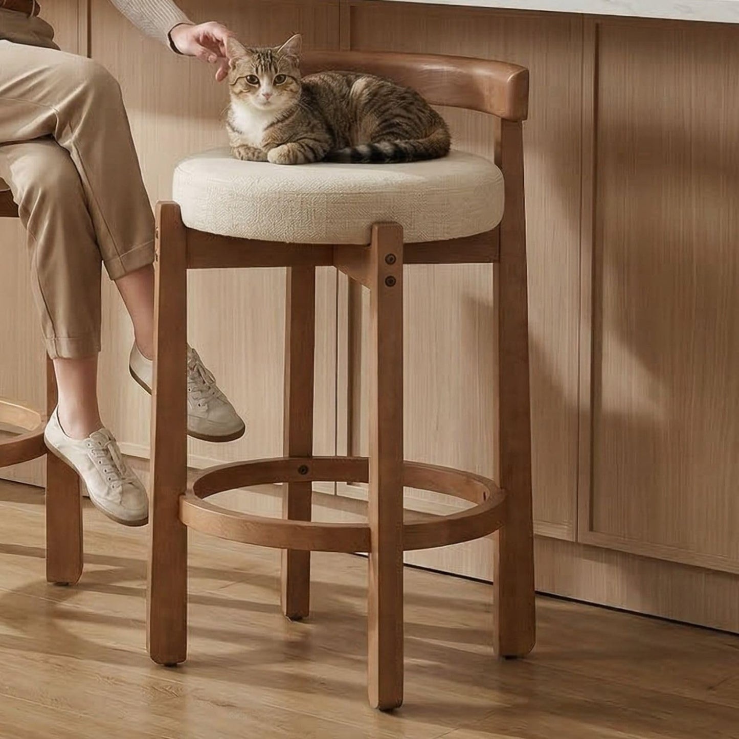 LukeAlon Mid Century Linen Counter Stools Set of 3, Upholstered 26.5" Seat Height Low Barstools with Natural Wood Legs Round Low Back Kitchen Stools with Footrest for Dining Room, Beige