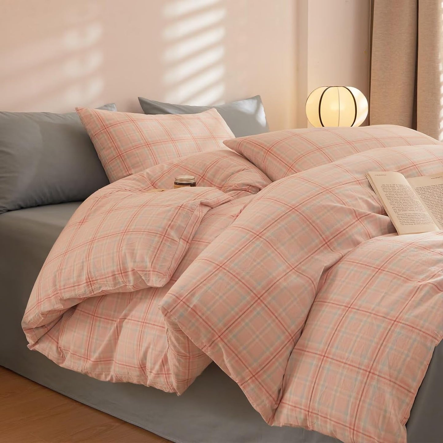Duvet Cover Set - Brown Plaid Gingham Comforter Cover with Zipper Closure