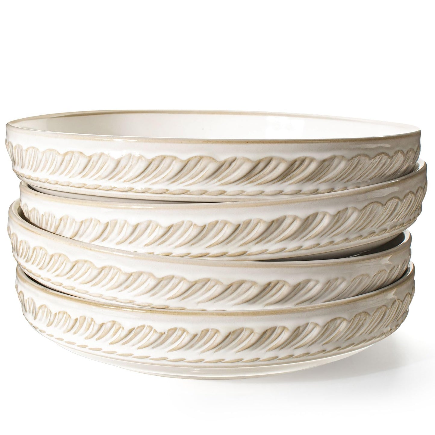 Artena Pasta Bowls, 50oz Large Salad Serving Bowls, 9.75'' Plates Bowl Set of 4, Big White Ceramic Soup Bowl for Kitchen, Embossment Shallow Dinner Bowl, Microwave Dishwasher Safe, Damask Floral