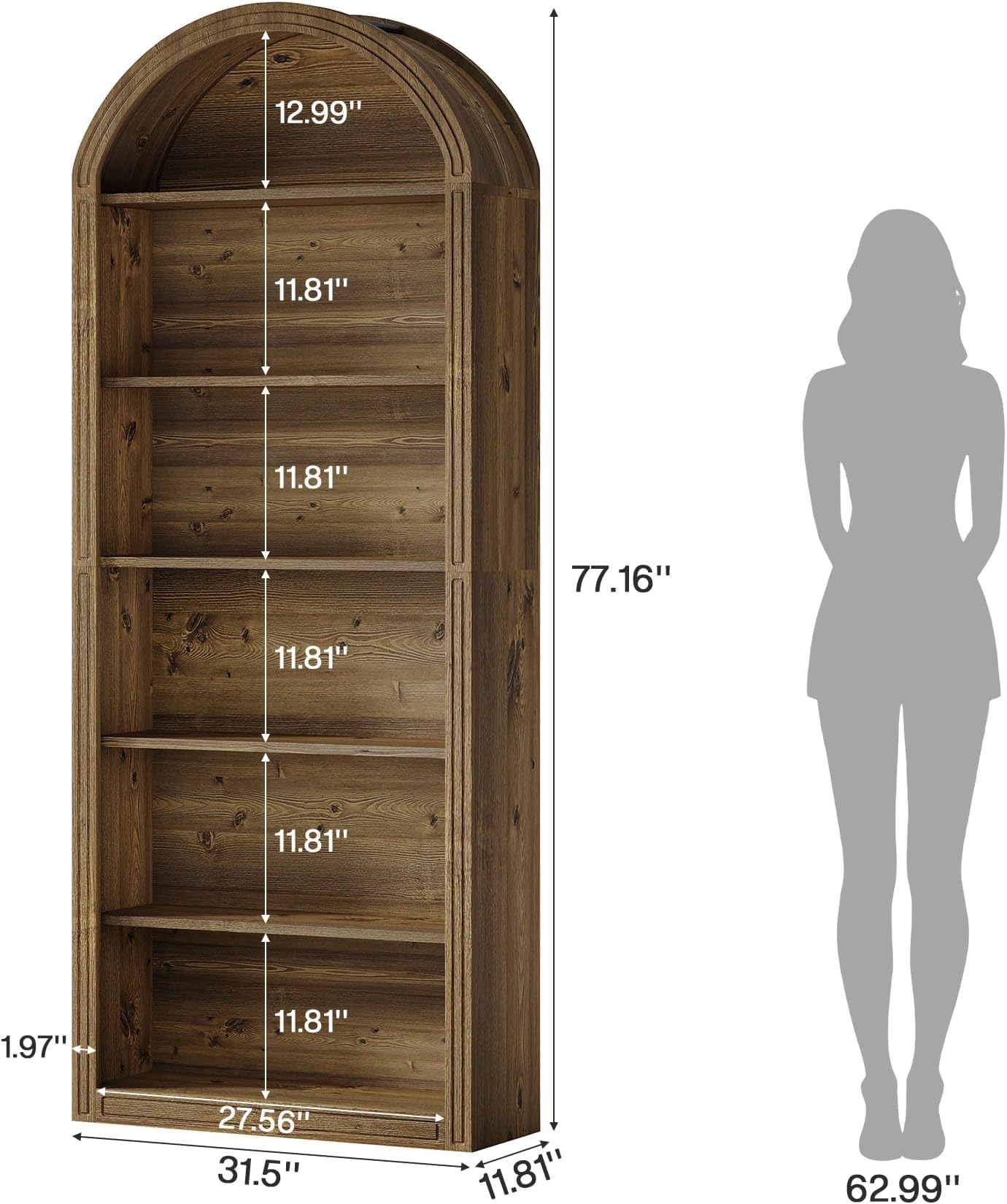 Arched 8 Tier Tall Bookshelf with Wood Back Panel