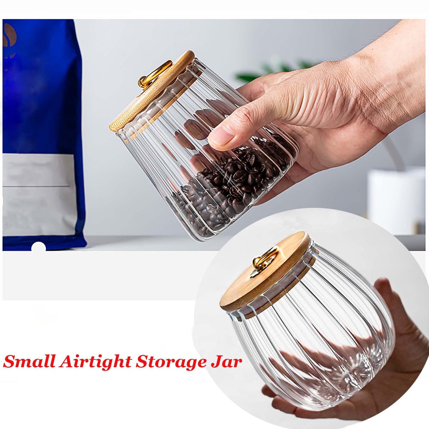 FANTESTICRYAN Glass Coffee Nuts Canister Airtight Storage Jar Petal Decorative Container with Bamboo Lid Metal Handle Easy to Grasp 700ml, 23 FL OZ