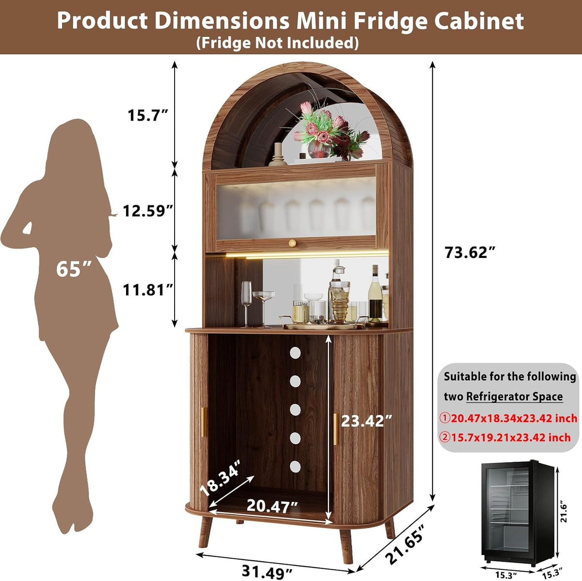 Wine Arched Bar Fridge Cabinet 73 Inch