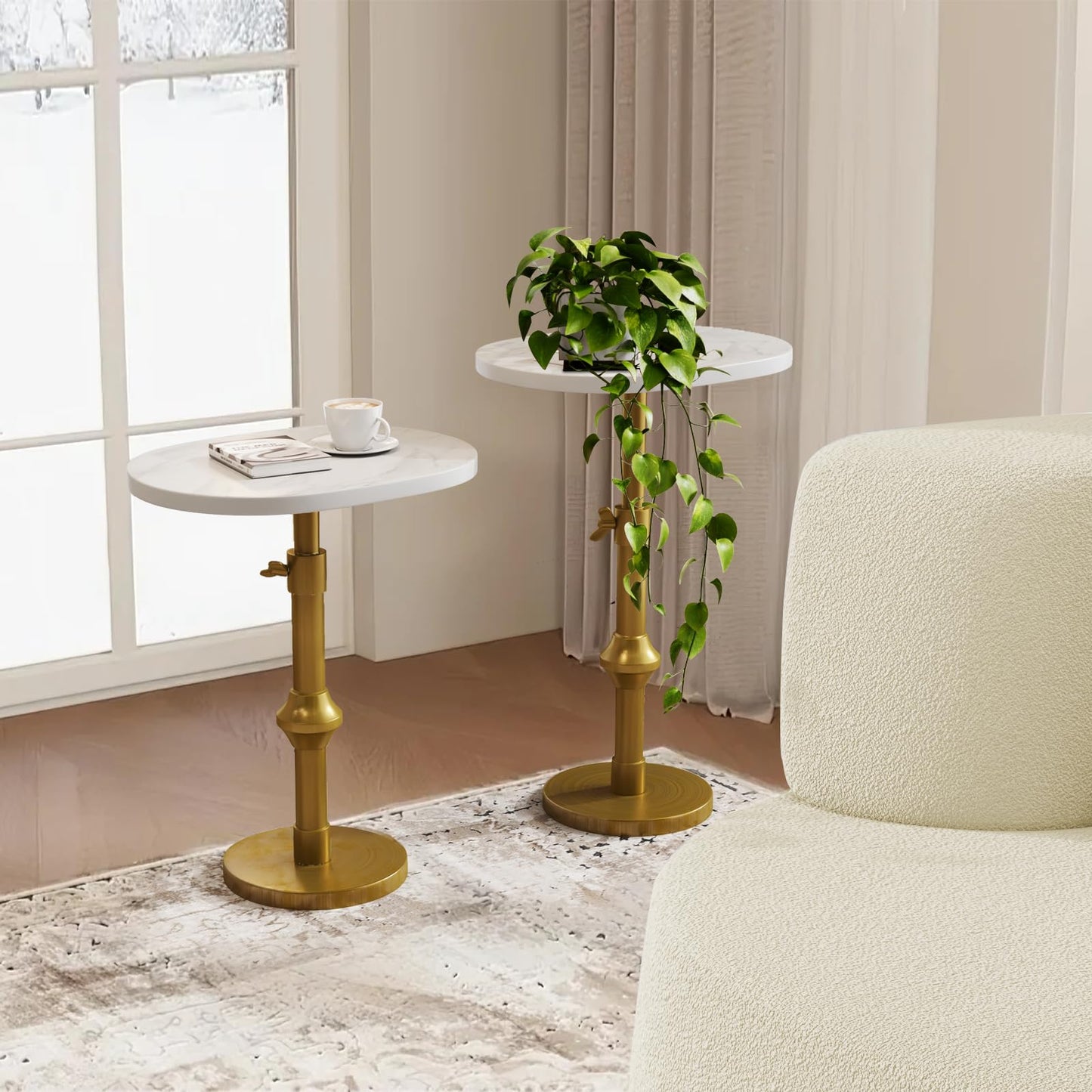 Adjustable Side Table with Antique Brass Stand Base