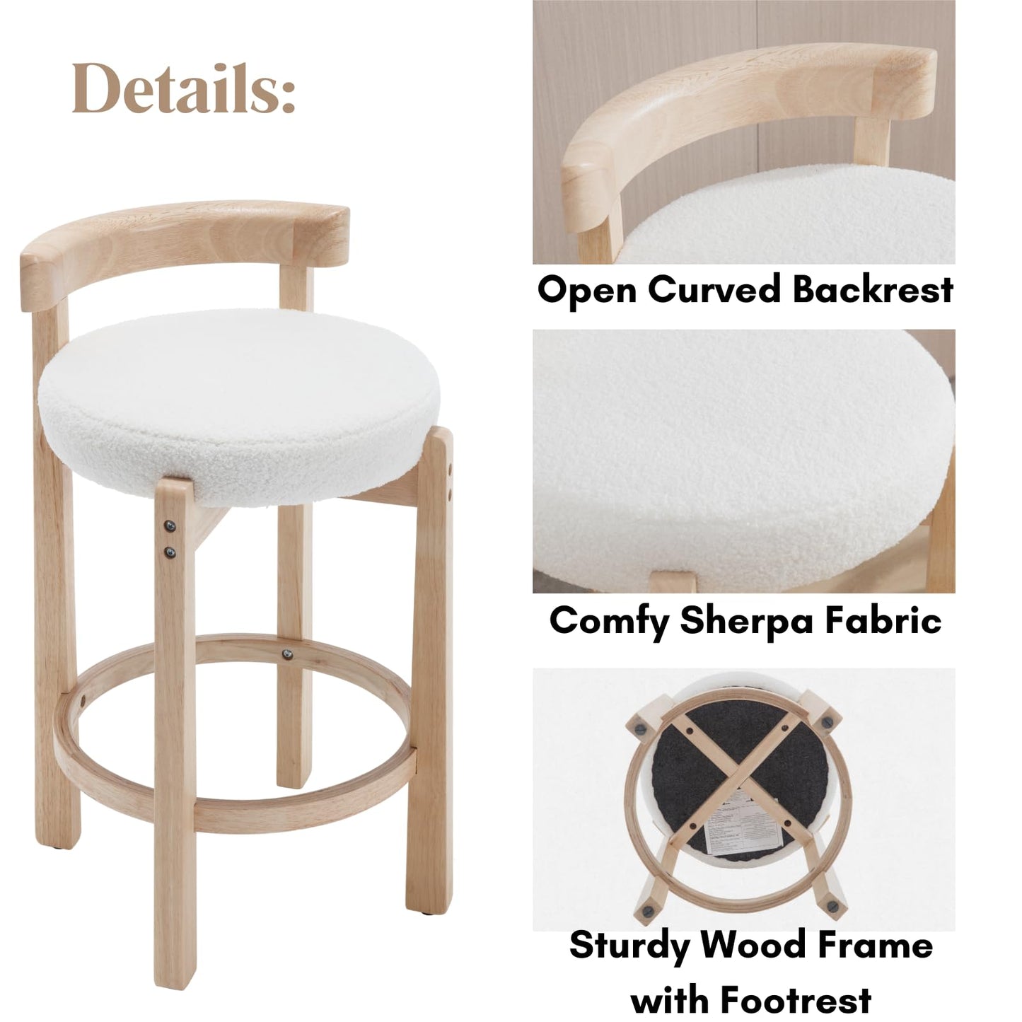 LukeAlon Mid Century Linen Counter Stools Set of 3, Upholstered 26.5" Seat Height Low Barstools with Natural Wood Legs Round Low Back Kitchen Stools with Footrest for Dining Room, Beige