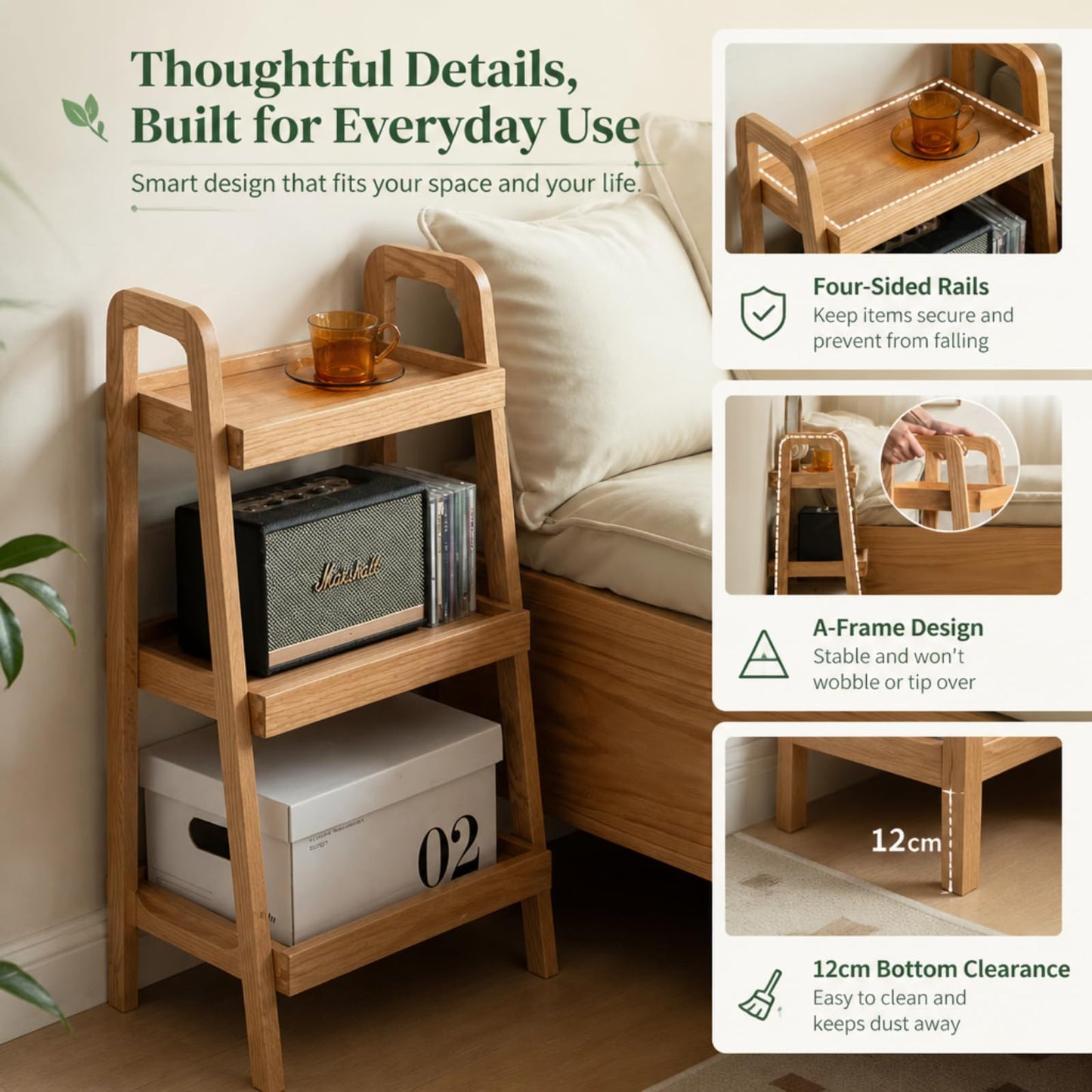 Solid Oak 3 Tier Ladder Bookshelf