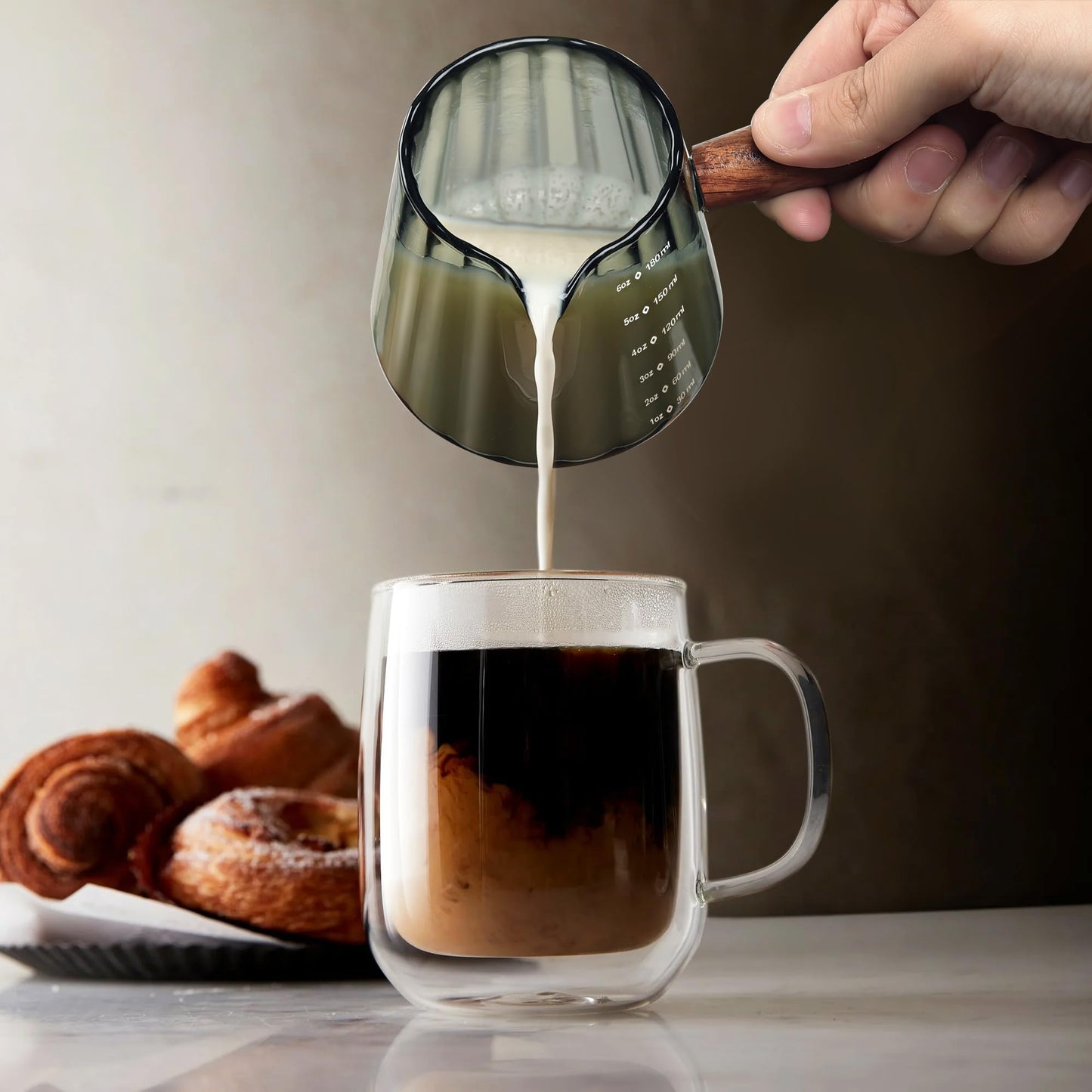 Joeyan 6 oz Glass Measuring Cups with Spout,Borosilicate Glass Triple Pitcher with Scale,Origami Style Espresso Shot Glasses with Wood Handle for Coffee Milk,Dishwasher Safe