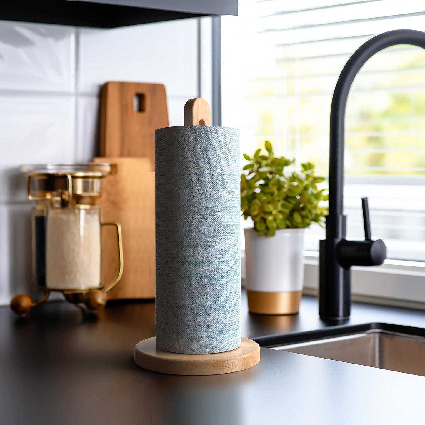 KitchLife Acacia Wooden Paper Towel Holder Countertop, 6.5" Jumbo Base, Fits Jumbo Rolls, Large Freestanding Dark Wood Paper Towel Stand Upgraded Dispenser Organizer with Non-Slip Base
