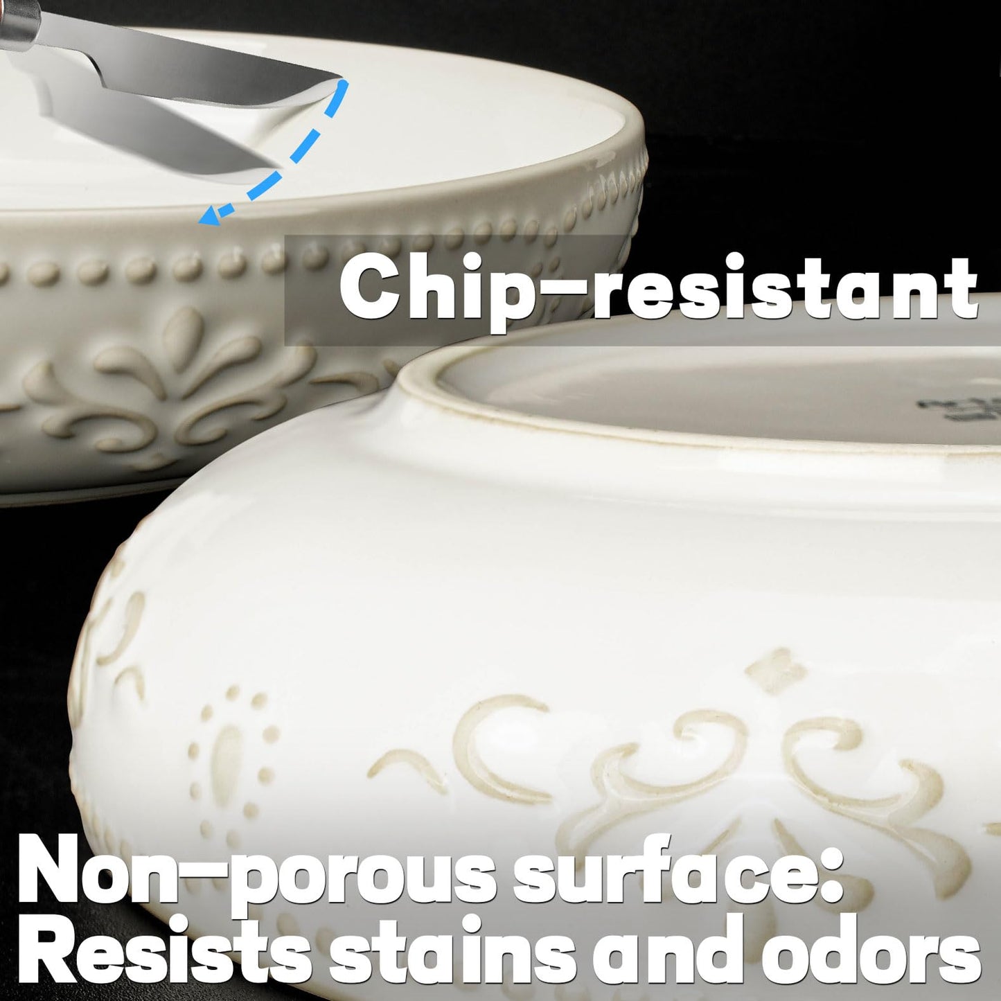 Artena Pasta Bowls, 50oz Large Salad Serving Bowls, 9.75'' Plates Bowl Set of 4, Big White Ceramic Soup Bowl for Kitchen, Embossment Shallow Dinner Bowl, Microwave Dishwasher Safe, Damask Floral