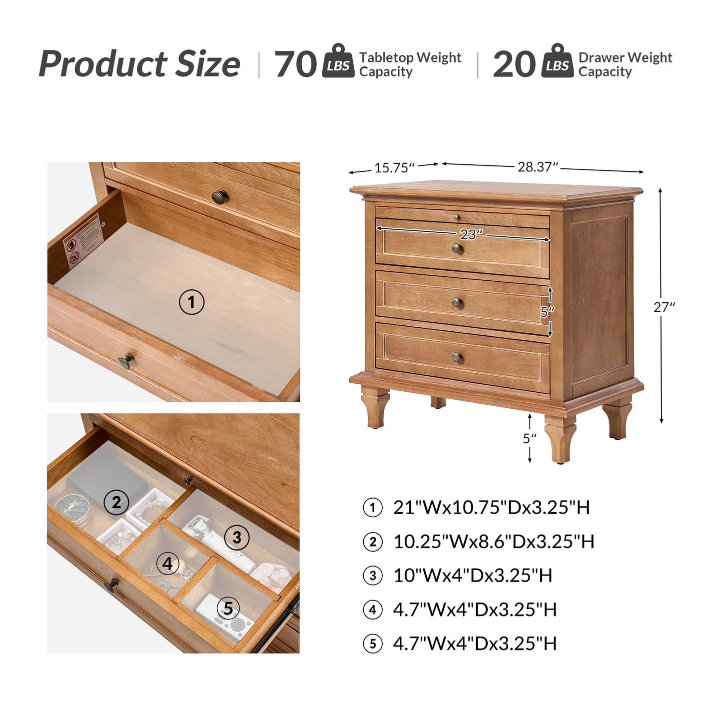 Solid Wood 3 Drawer End Table with Tray