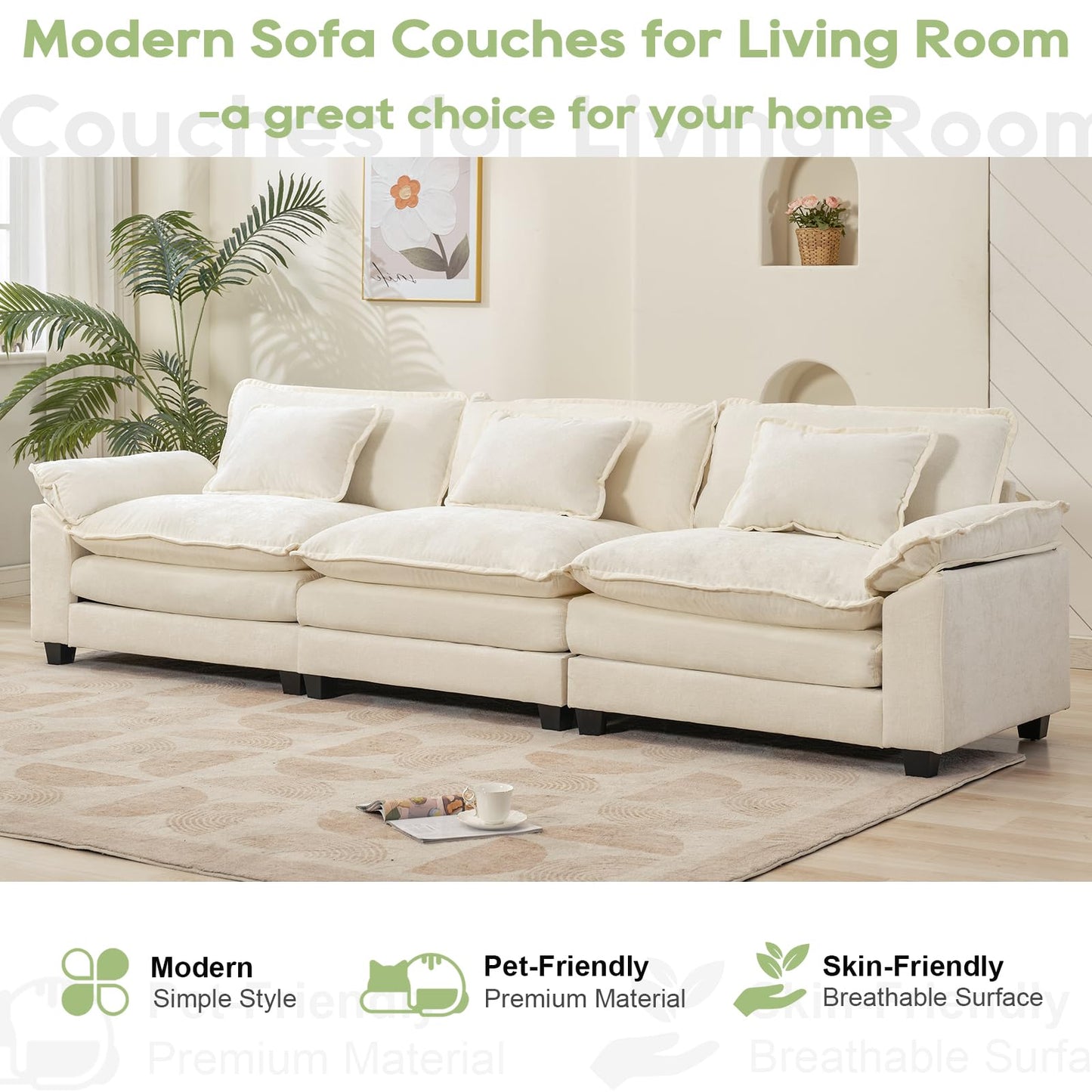 120" Modular Sectional Sofa, Comfy Cloud Couch Sectional Sofa with Ottoman, Chenille Sofa Sleeper Deep Seat Sofa with Throw Pillows for Living Room (Beige White, 120"- U Shape)