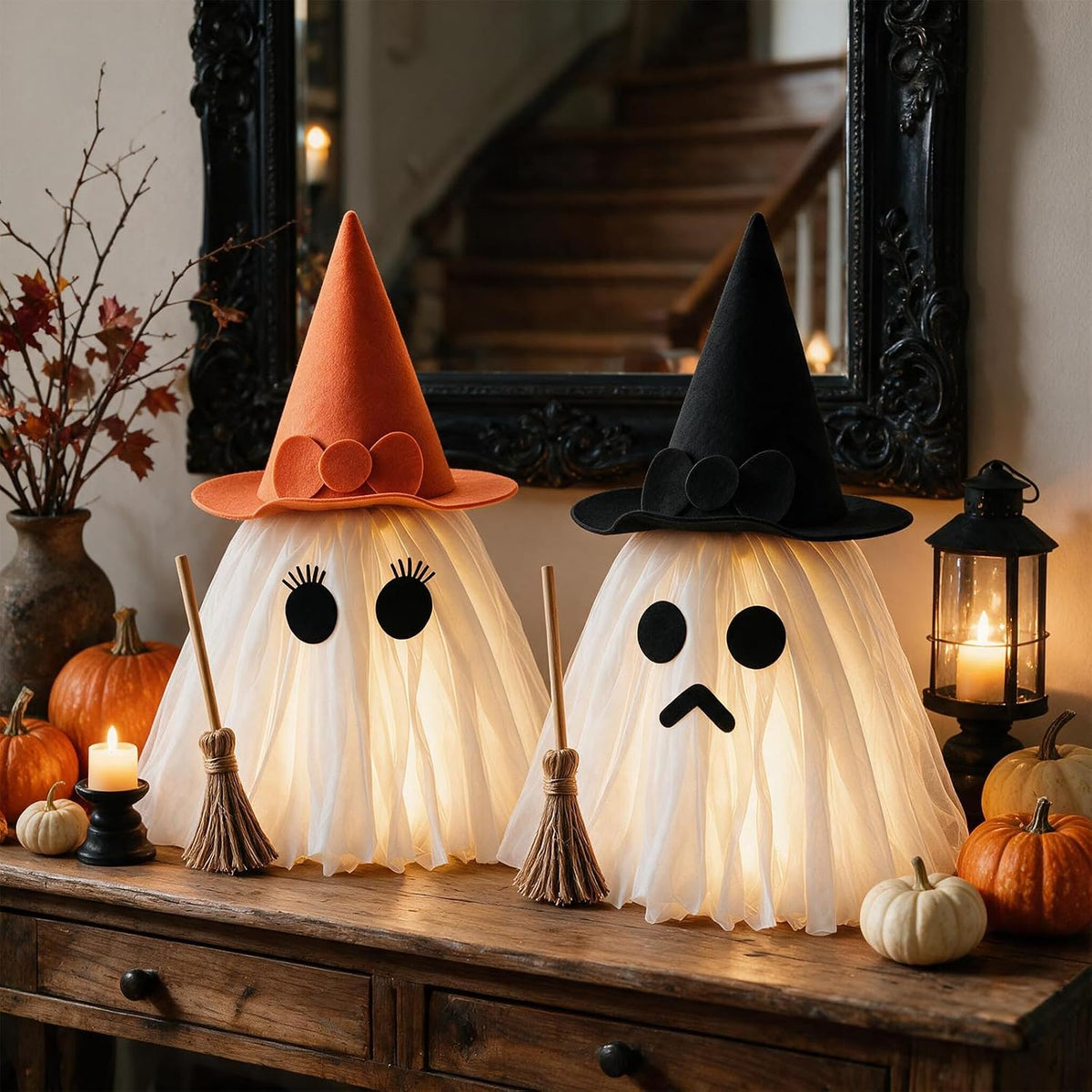 Halloween Decorations – Set of 2 Light-Up Ghosts with Witch Hats