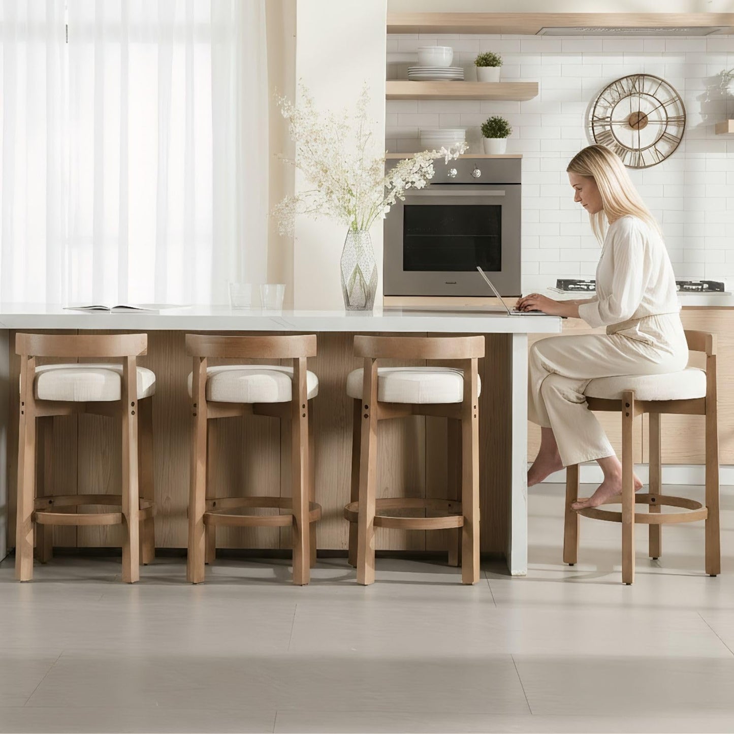 LukeAlon Mid Century Linen Counter Stools Set of 3, Upholstered 26.5" Seat Height Low Barstools with Natural Wood Legs Round Low Back Kitchen Stools with Footrest for Dining Room, Beige