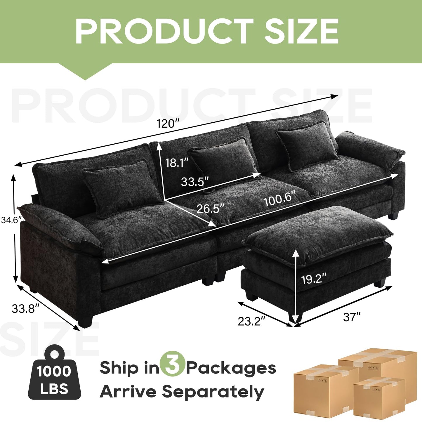 120" Modular Sectional Sofa, Comfy Cloud Couch Sectional Sofa with Ottoman, Chenille Sofa Sleeper Deep Seat Sofa with Throw Pillows for Living Room (Beige White, 120"- U Shape)