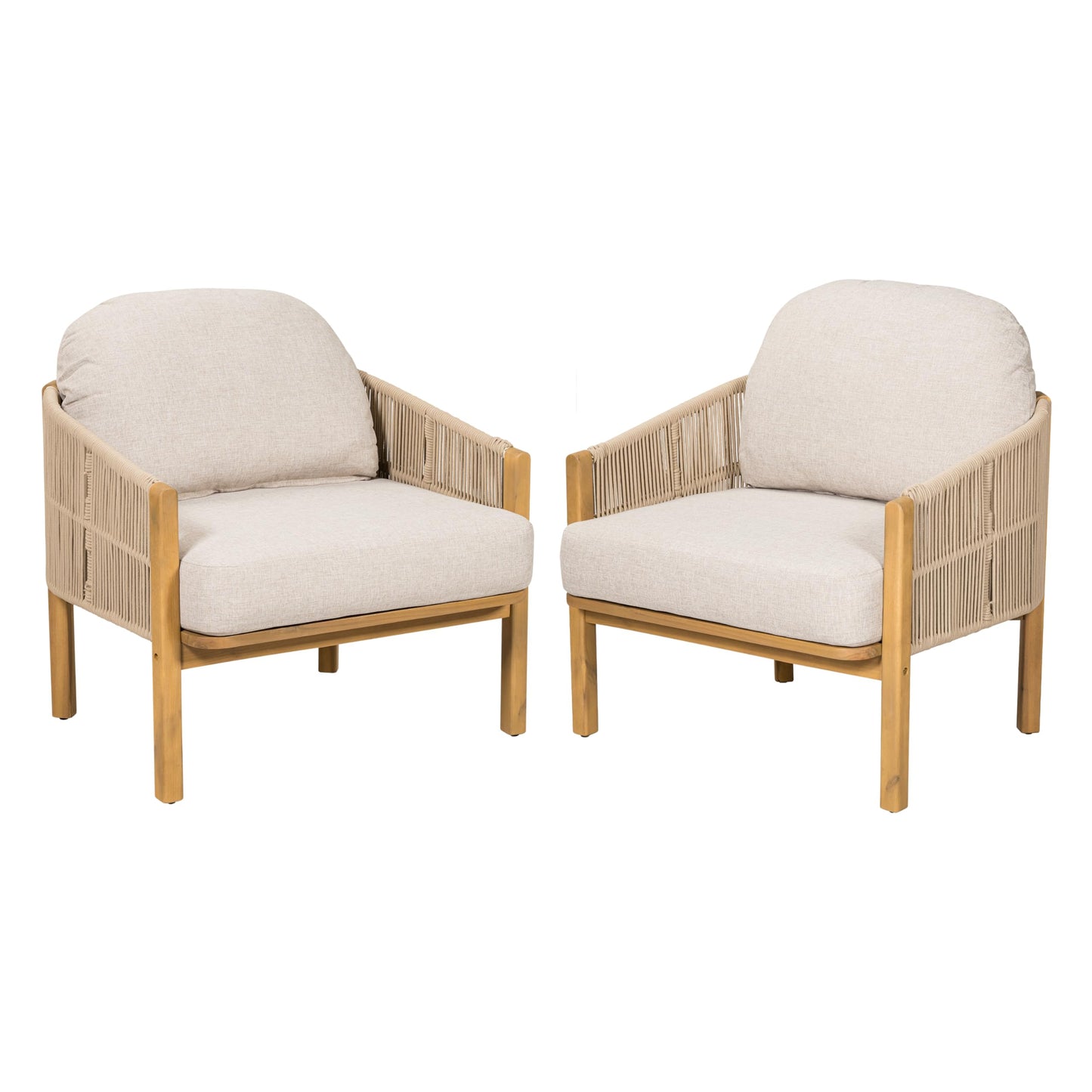 Merax Patio Chairs Set of 2, Acacia Wood Outdoor Club Chair with Cozy 5.75" Thick Cushion & Rope-Weave Backrest, Bohe Style Patio Dining Armchair Chairs for Garden Balcony Outside Dining Relax, Beige