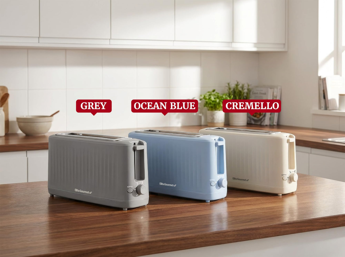 Elite Gourmet ECT2517C SLIMTOAST™ 2-Slice Long Slot Toaster, Cool-Touch Body, 6 Browning Shades, Extra-Wide 1.5" Slot for Artisan Bread, Bagels, Waffles & English Muffins, Cremello