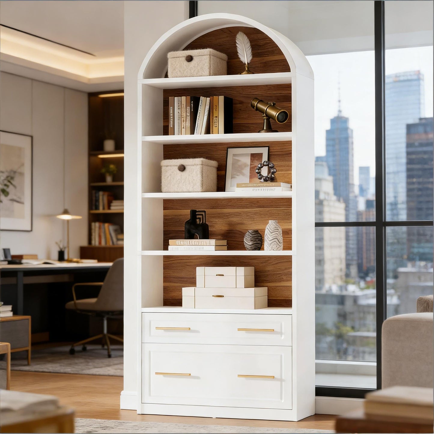 Arched 8 Tier Tall Bookshelf with Wood Back Panel
