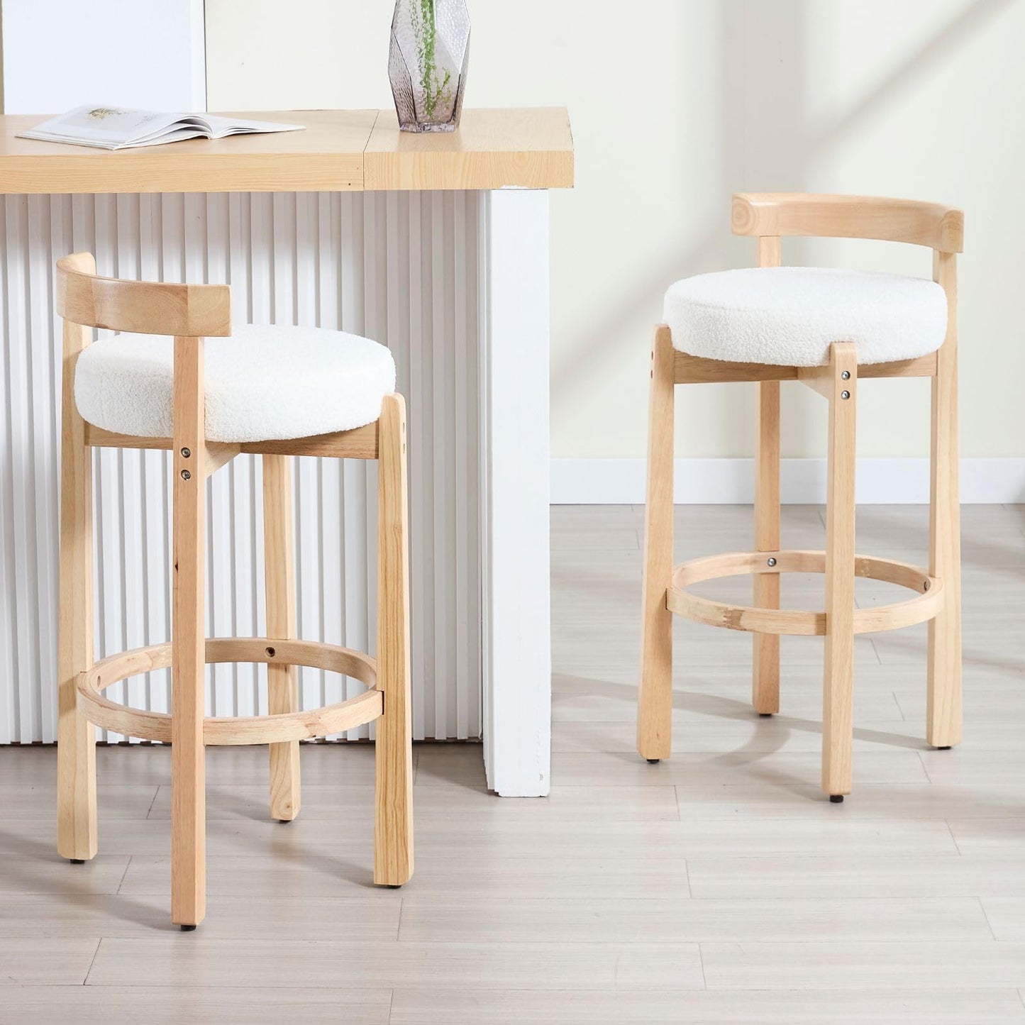 LukeAlon Mid Century Linen Counter Stools Set of 3, Upholstered 26.5" Seat Height Low Barstools with Natural Wood Legs Round Low Back Kitchen Stools with Footrest for Dining Room, Beige