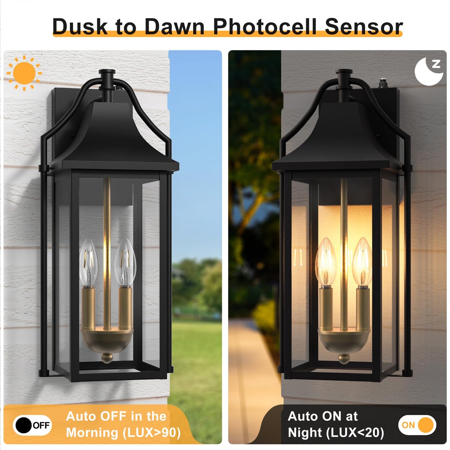 Outdoor Wall Lights Fixtures, Large Size Dusk to Dawn Waterproof Exterior Lanterns, Modern Porch Sconce Wall Mounted with Glass