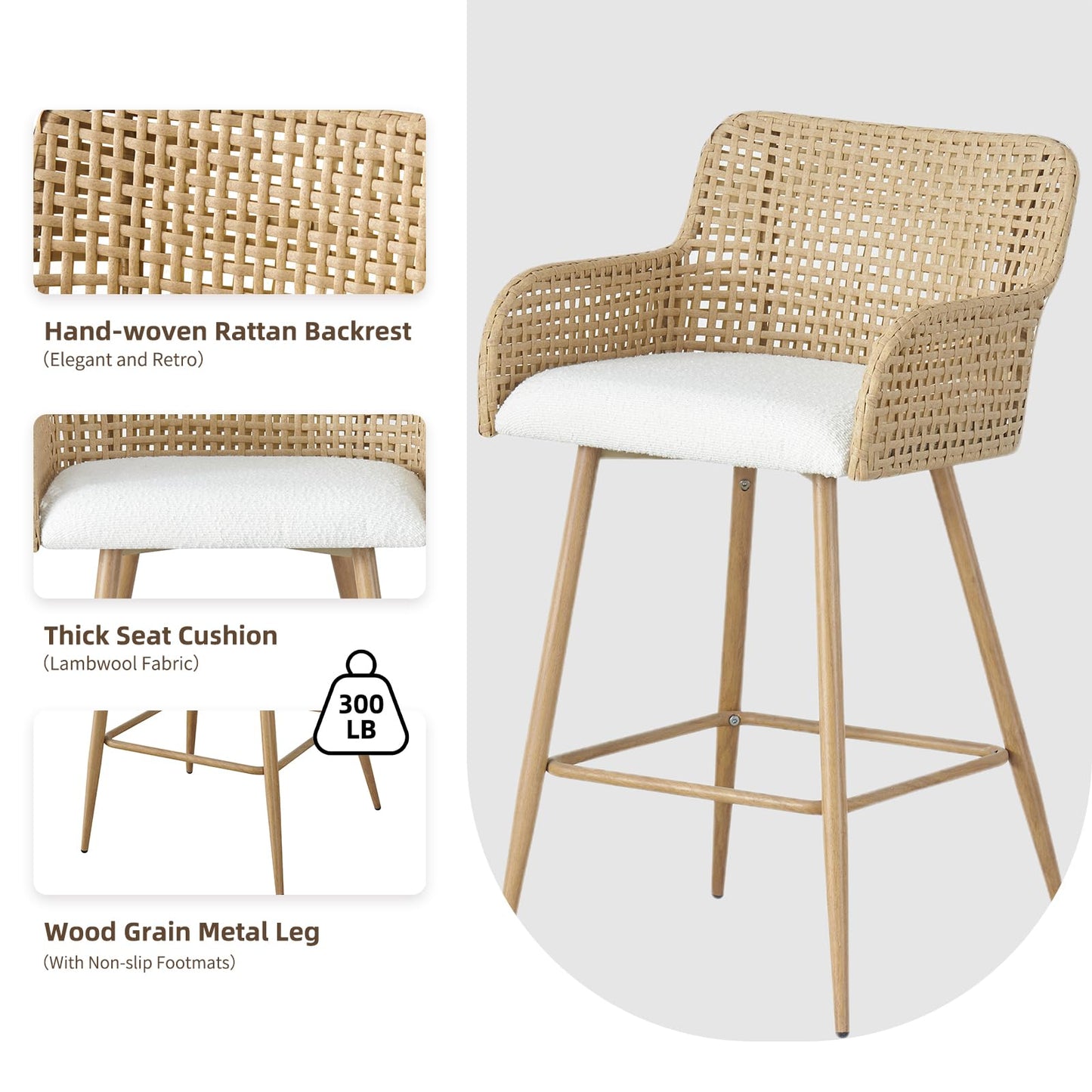 Rattan Bar Stools Set of 2, Counter Height Wicker Bar Stools with Square Back, Square Bar Chair with PE Rattan with Metal Legs,Chair for Home Kitchen