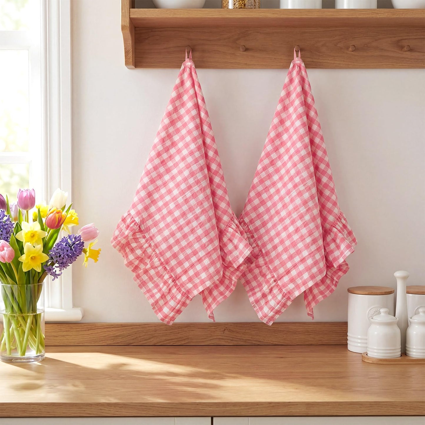 HunnmingRe Taupe Kitchen Towels Set of 2, 100% Cotton Ruffled Gingham Dish Towels 18"x28" Tea Cloths Classic Plaid Pattern for Farmhouse Charm, Drying Dishes, Entertaining Guests