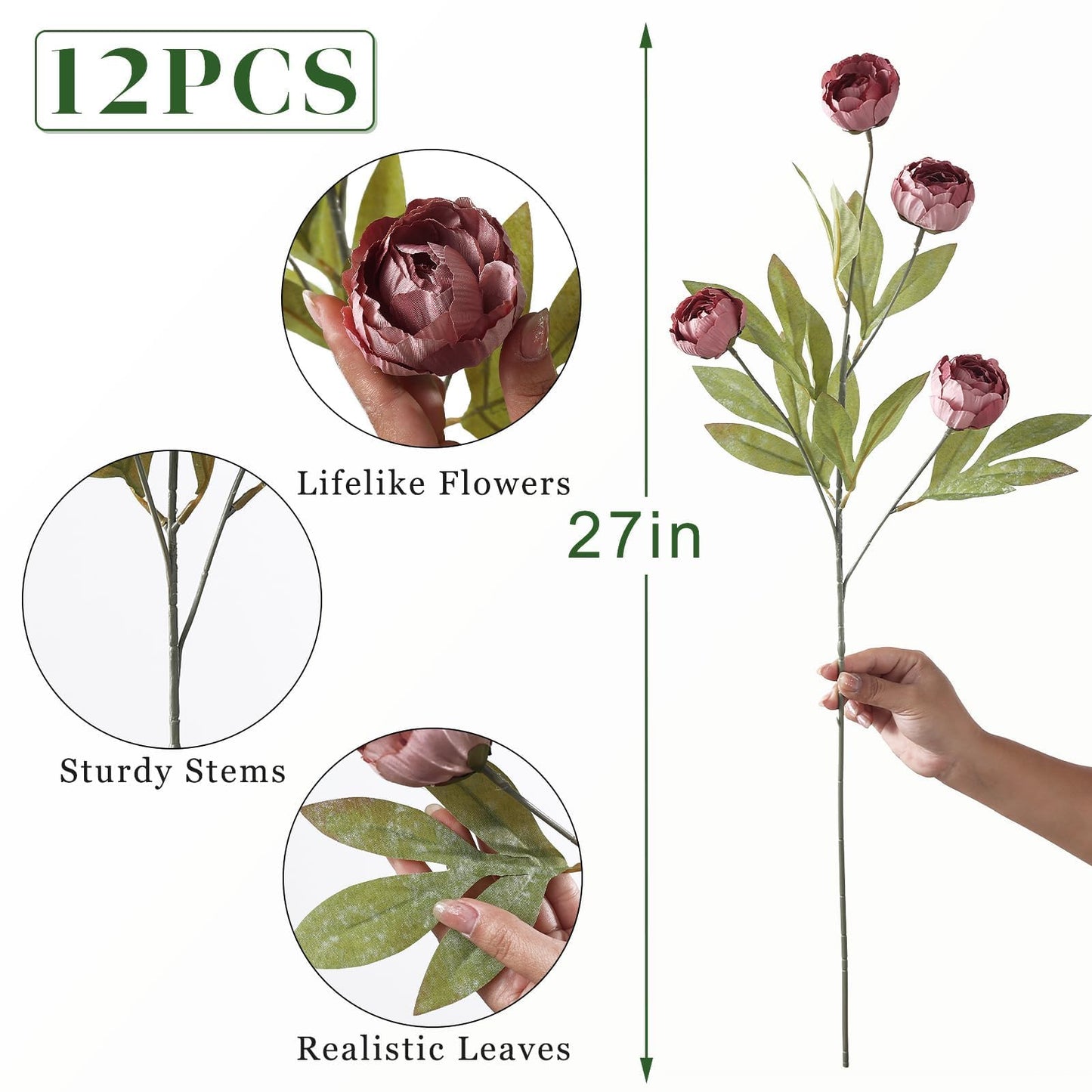 6 Pcs Faux Silk Peony Artificial Flowers 27" Stems