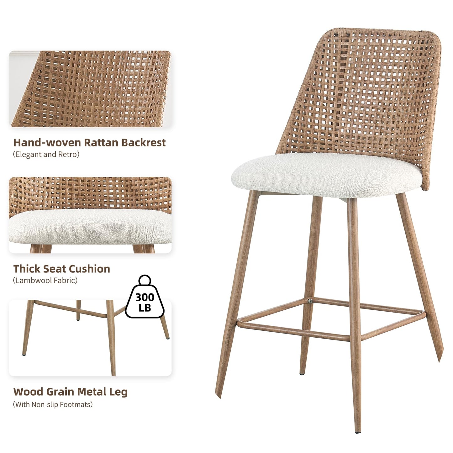 Rattan Bar Stools Set of 2, Counter Height Wicker Bar Stools with Square Back, Square Bar Chair with PE Rattan with Metal Legs,Chair for Home Kitchen