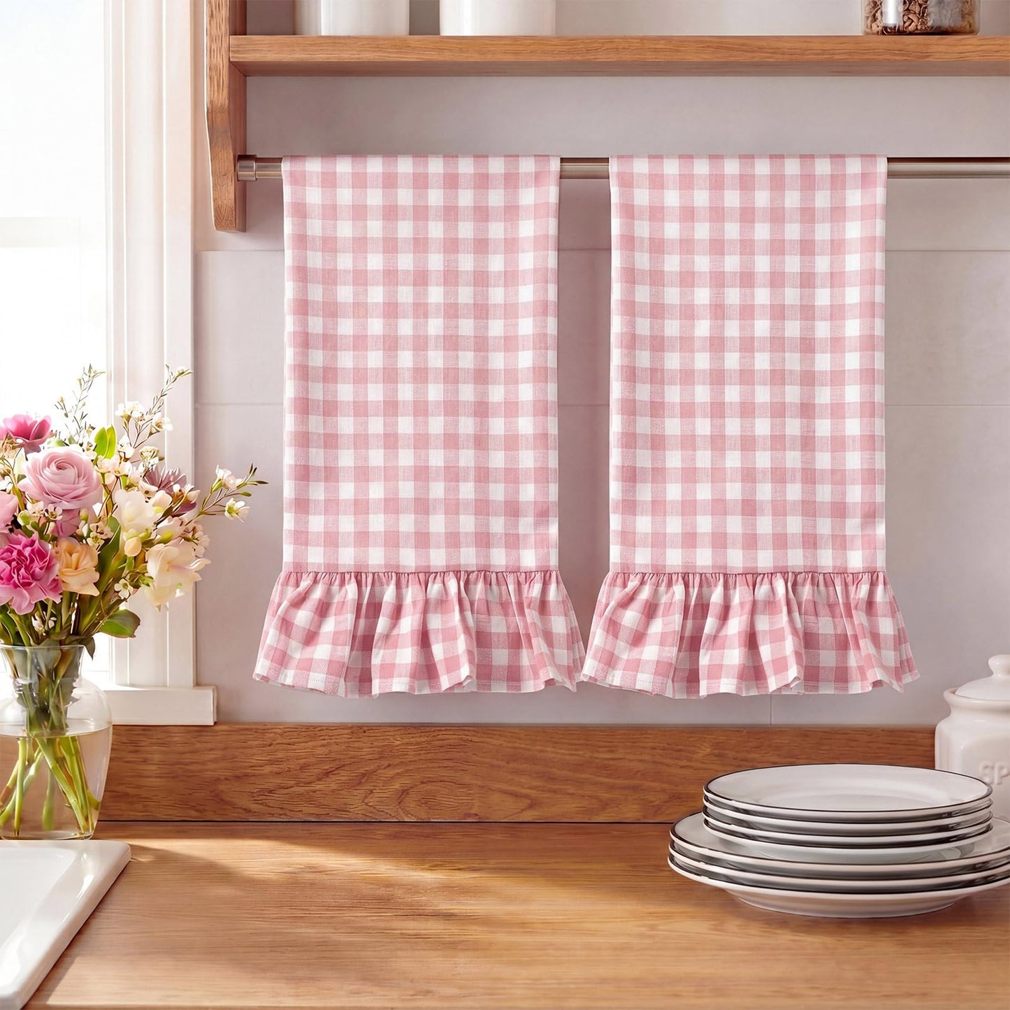 HunnmingRe Taupe Kitchen Towels Set of 2, 100% Cotton Ruffled Gingham Dish Towels 18"x28" Tea Cloths Classic Plaid Pattern for Farmhouse Charm, Drying Dishes, Entertaining Guests