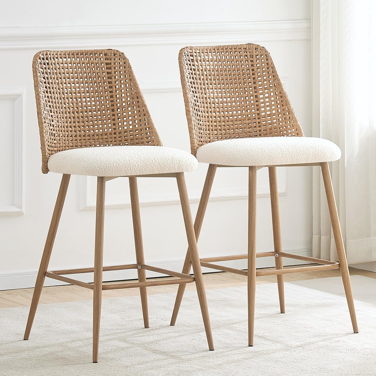 Rattan Bar Stools Set of 2, Counter Height Wicker Bar Stools with Square Back, Square Bar Chair with PE Rattan with Metal Legs,Chair for Home Kitchen