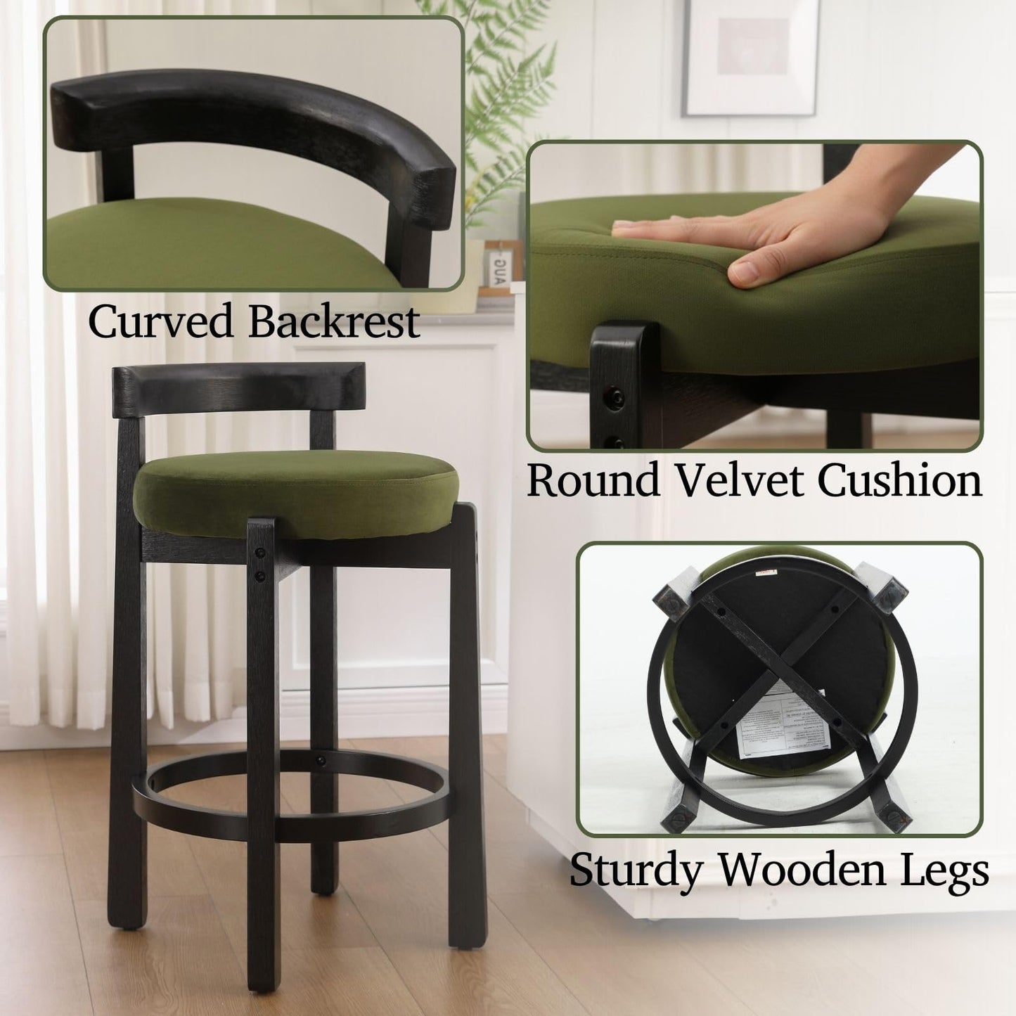 LukeAlon Mid Century Linen Counter Stools Set of 3, Upholstered 26.5" Seat Height Low Barstools with Natural Wood Legs Round Low Back Kitchen Stools with Footrest for Dining Room, Beige
