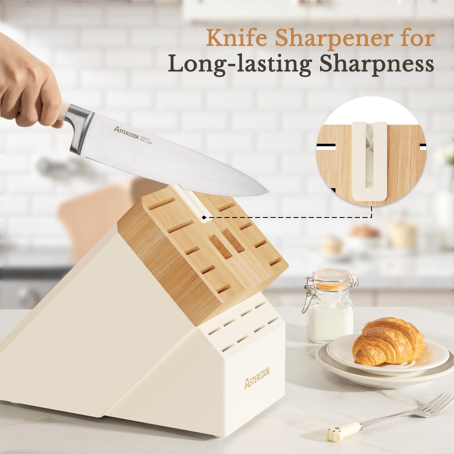 Knife Set,Astercook Kitchen Knife Set with Block 22-Piece Full Tang Stainless Steel Knives with Sharpener Dishwasher Safe and Anti-Slip Ergonomic Handle Elegant Cream White Utensils Set