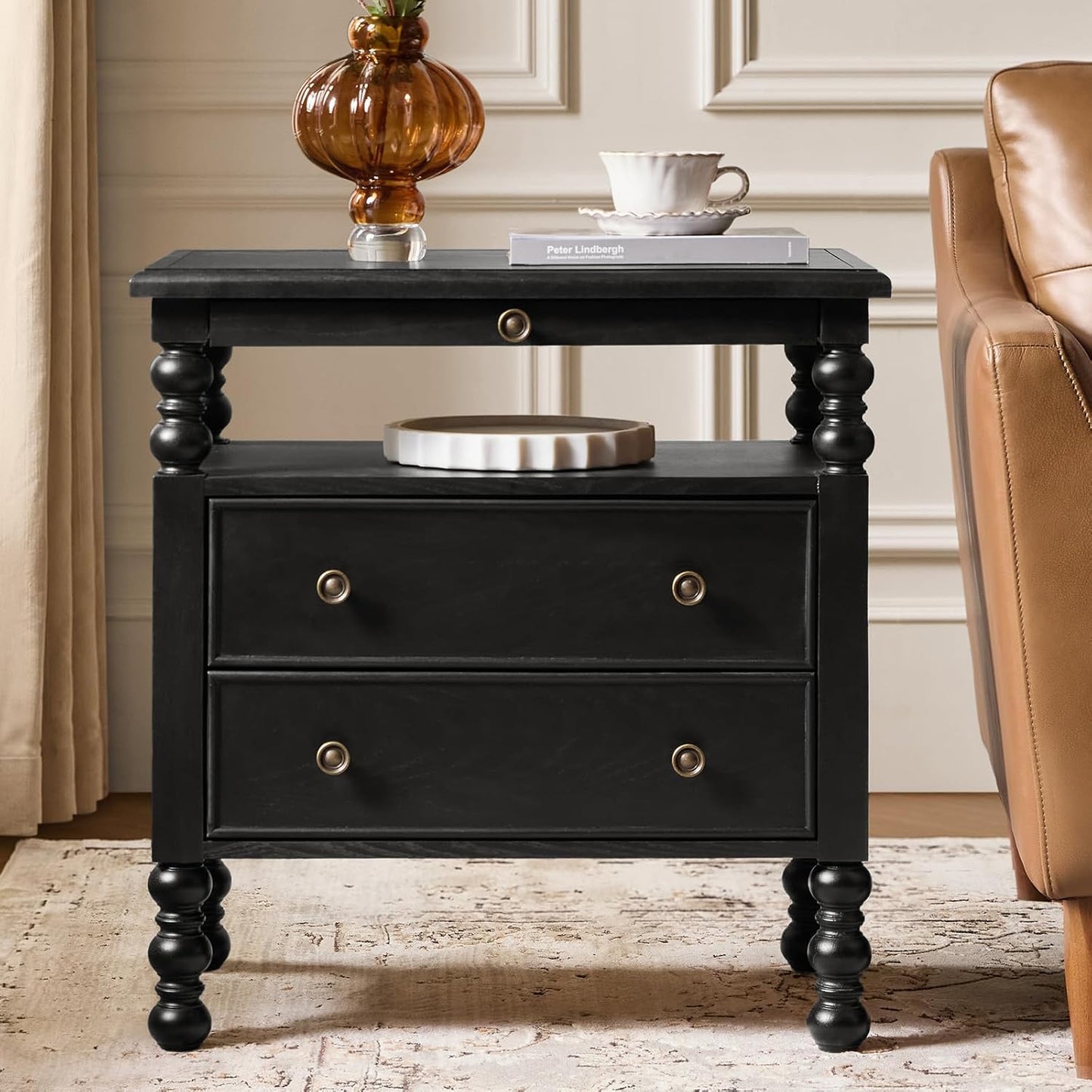 26" End Table with Charging Station and Transitional 2 Drawer Wood