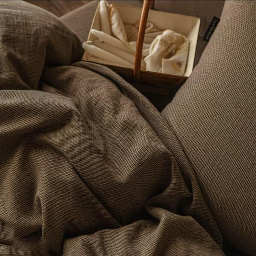 NSNLGSGC 100% Muslin Cotton Houndstooth Duvet Cover King Size, 2-Layer Small Checked Lightweight and Breathable Muslin Bedding, Linen Like Gauze Comforter Cover Set (Mocha Houndstooth, King)