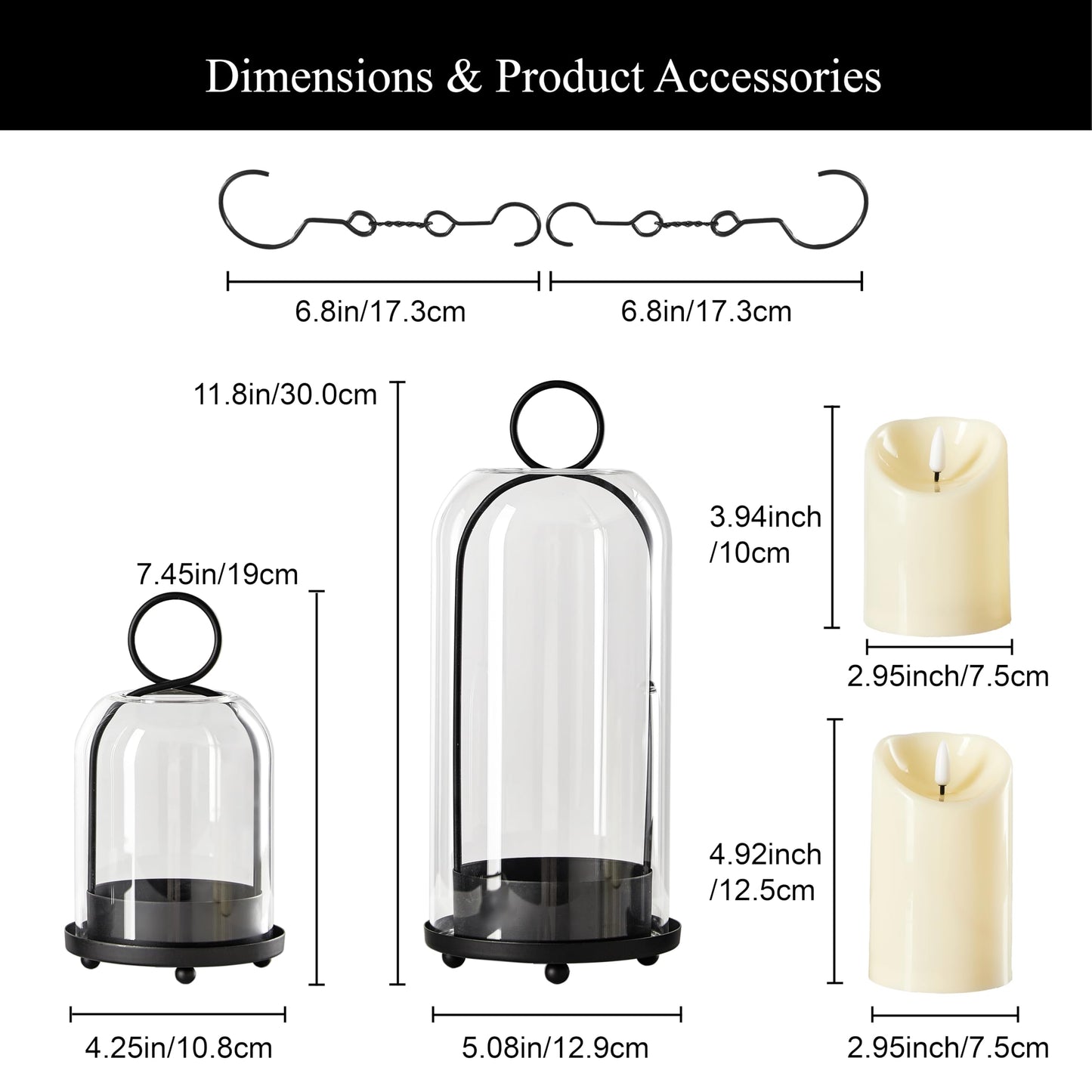 Brass Hurricane Candle Holder with Handmade Glass Dome, Set of 2