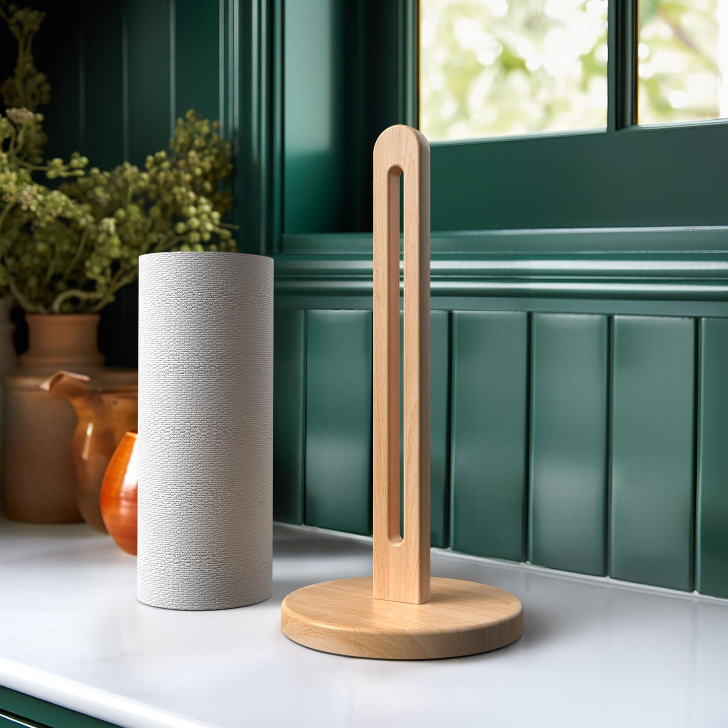 KitchLife Acacia Wooden Paper Towel Holder Countertop, 6.5" Jumbo Base, Fits Jumbo Rolls, Large Freestanding Dark Wood Paper Towel Stand Upgraded Dispenser Organizer with Non-Slip Base