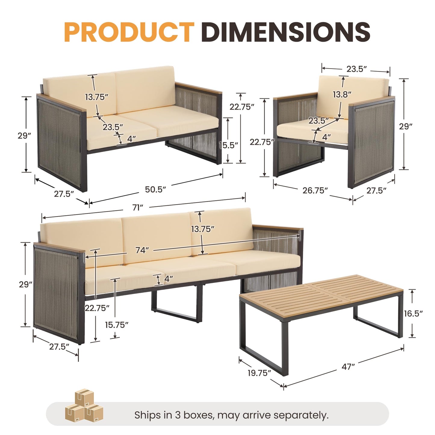 5 Piece Patio Conversation Set for 7, Modular Patio Sofa Couch with Cushions, Rattan Outdoor Patio Furniture Set with Loveseat/Coffee Table, Outdoor Sectional Furniture for Deck/Porch, Beige