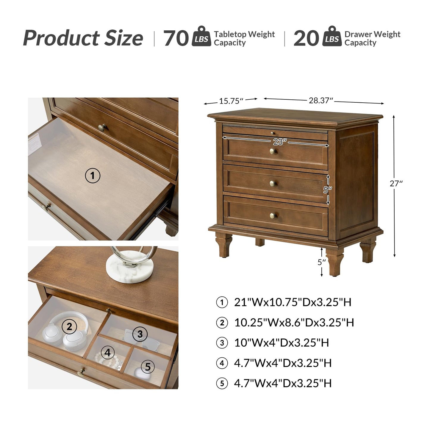 Solid Wood 3 Drawer End Table with Tray