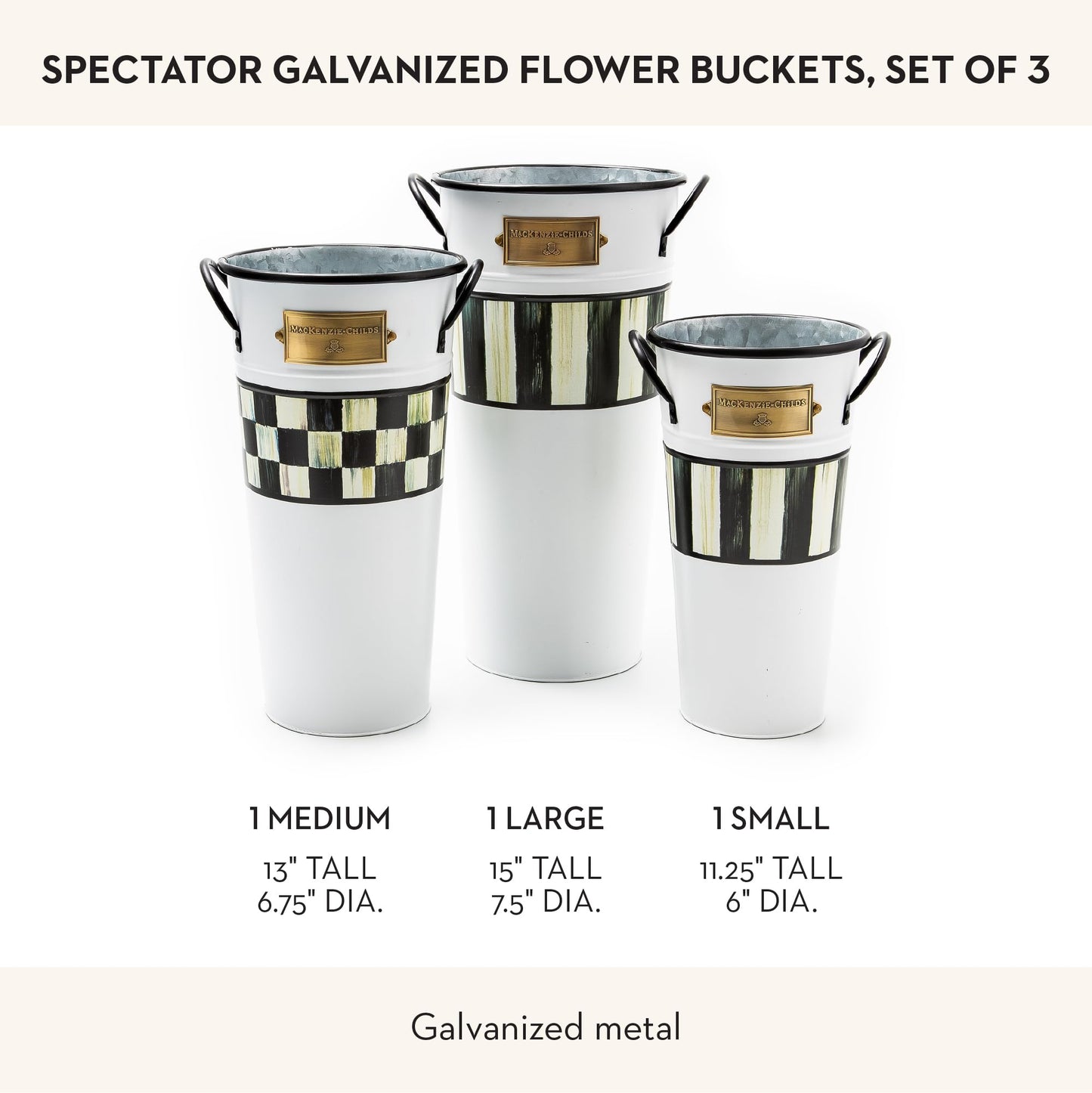 MACKENZIE-CHILDS Set of 3 Galvanized Flower Buckets, Decorative Metal Buckets, Black-and-White Courtly Stripe