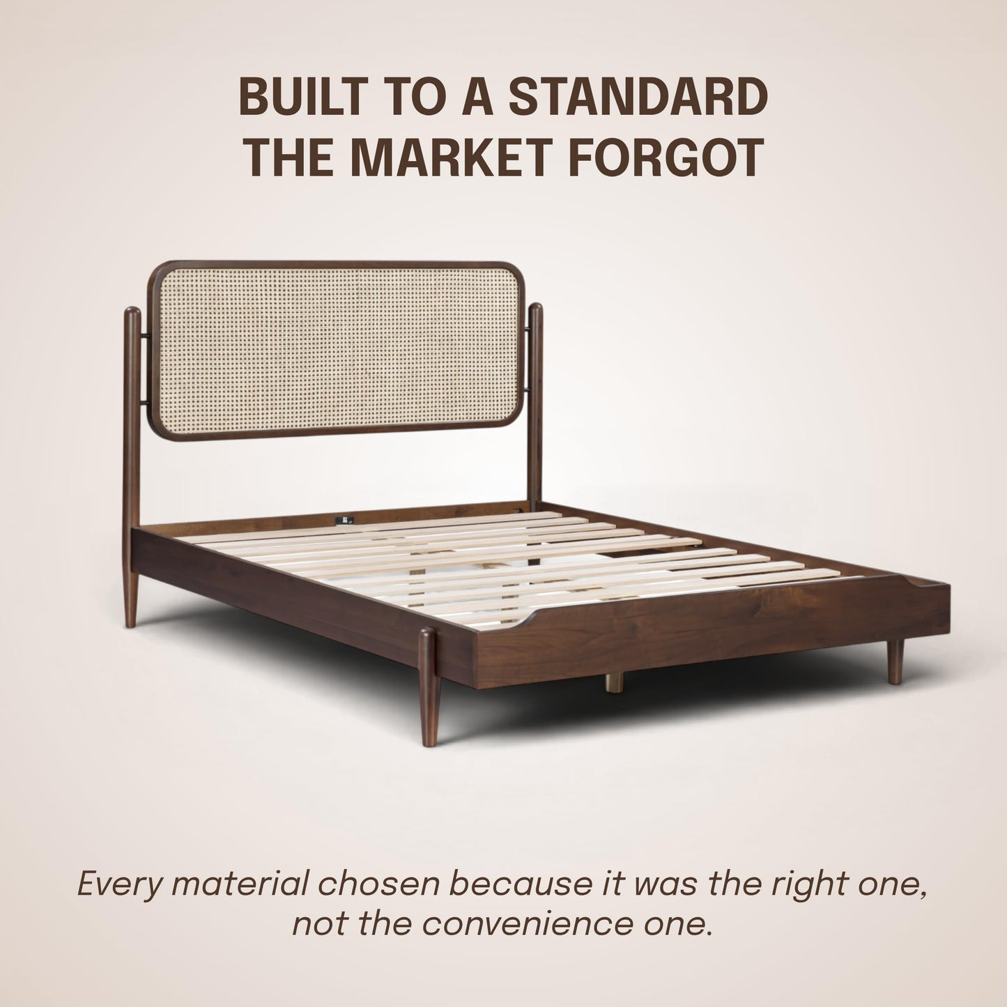King Platform Bed with Natural Rattan Headboard