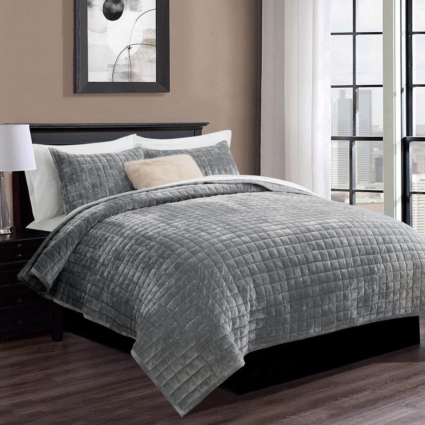 Box Stitch Velvet Quilt Set, King Size
