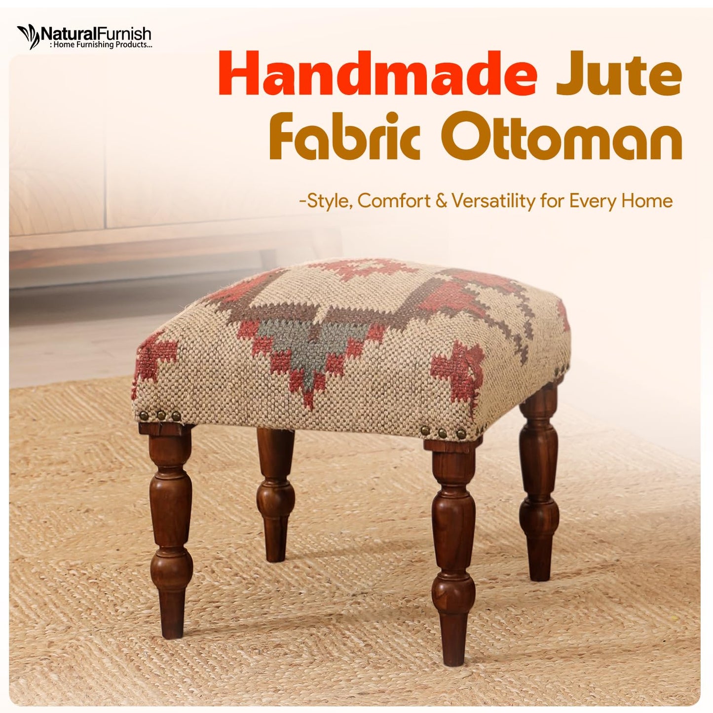 Handmade Jute Ottoman Stool with Wooden Legs