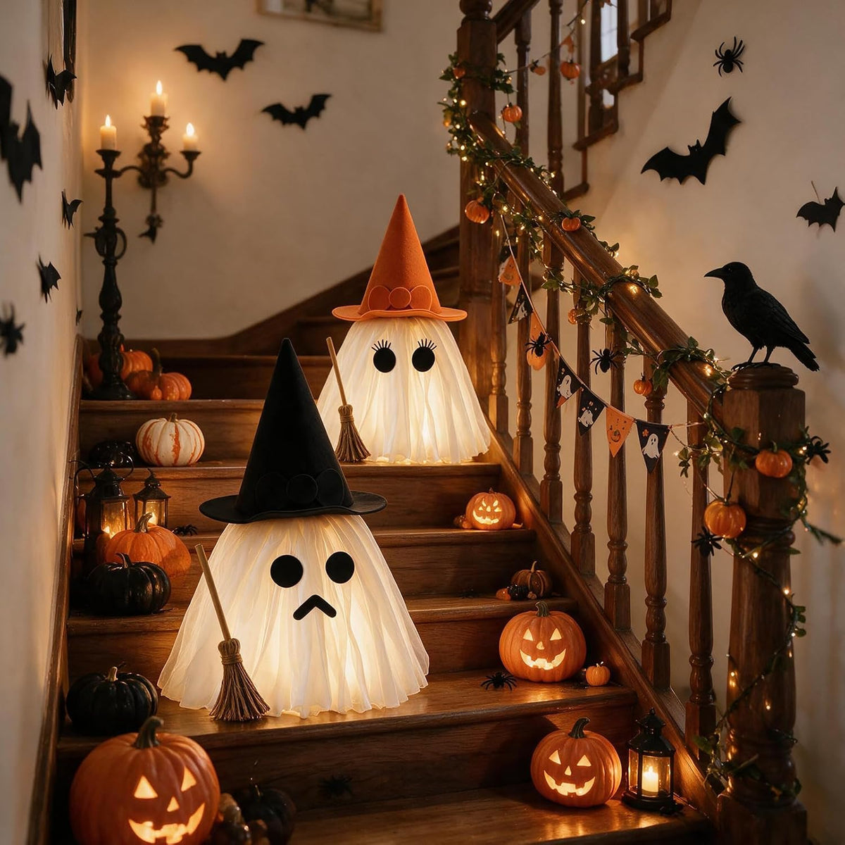 Halloween Decorations – Set of 2 Light-Up Ghosts with Witch Hats