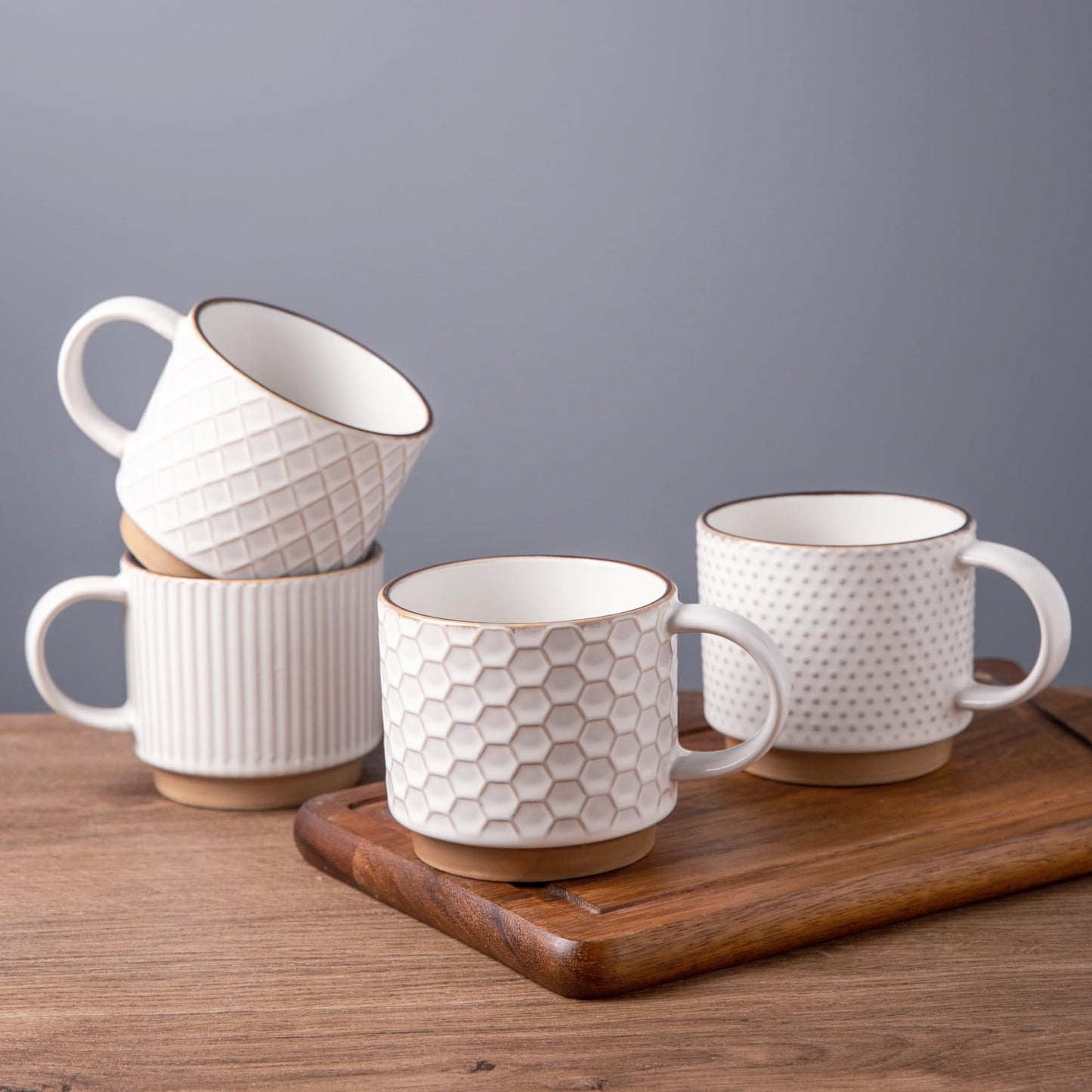 GBhome 12OZ Stackable Coffee Mugs, Ceramic Coffee Mugs with Texture Patterns for Man,Woman,Dad,Mom, Modern Coffee Mugs Set of 4 for Latte/Cappuccino/Cocoa. Dishwasher&Microwave Safe, Pale Khaki