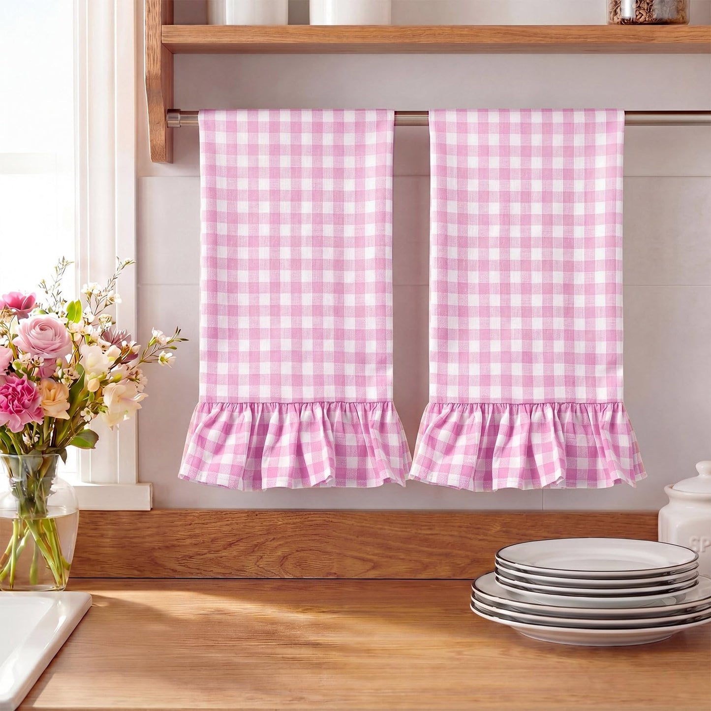 HunnmingRe Taupe Kitchen Towels Set of 2, 100% Cotton Ruffled Gingham Dish Towels 18"x28" Tea Cloths Classic Plaid Pattern for Farmhouse Charm, Drying Dishes, Entertaining Guests
