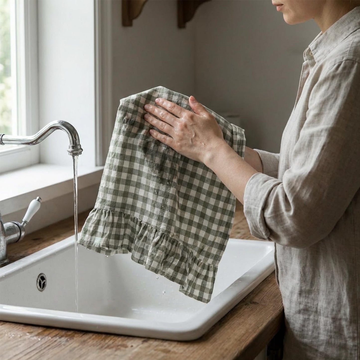HunnmingRe Taupe Kitchen Towels Set of 2, 100% Cotton Ruffled Gingham Dish Towels 18"x28" Tea Cloths Classic Plaid Pattern for Farmhouse Charm, Drying Dishes, Entertaining Guests