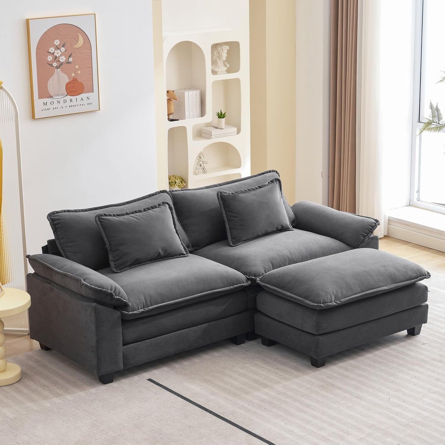 120" Modular Sectional Sofa, Comfy Cloud Couch Sectional Sofa with Ottoman, Chenille Sofa Sleeper Deep Seat Sofa with Throw Pillows for Living Room (Beige White, 120"- U Shape)