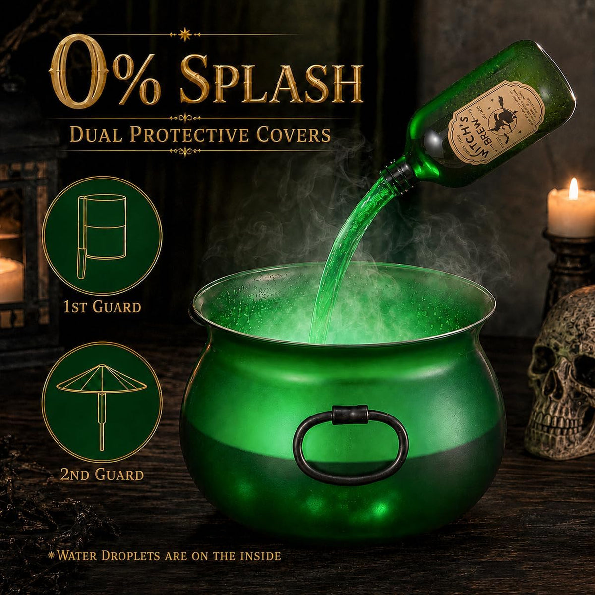 Large Translucent Witches Cauldron with Magic Floating Potion Bottles