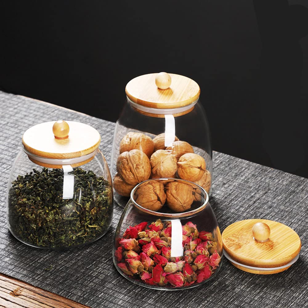 Glass Food Storage Container Candy Dish Spice Jar with Seal Wooden Lid