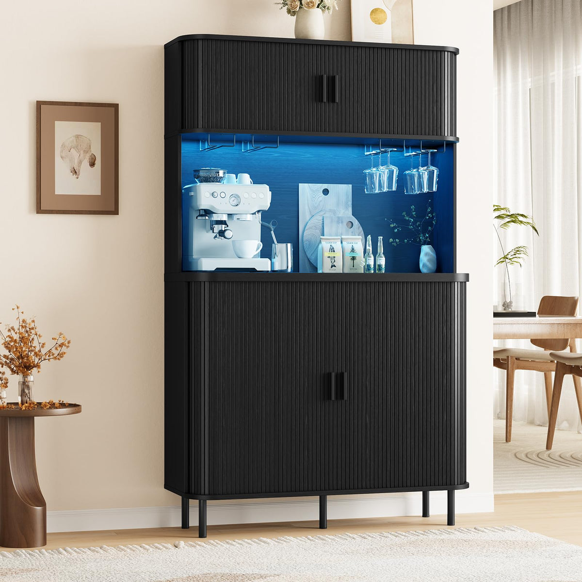71" Tall Fluted Wine Bar Cabinet with Storage