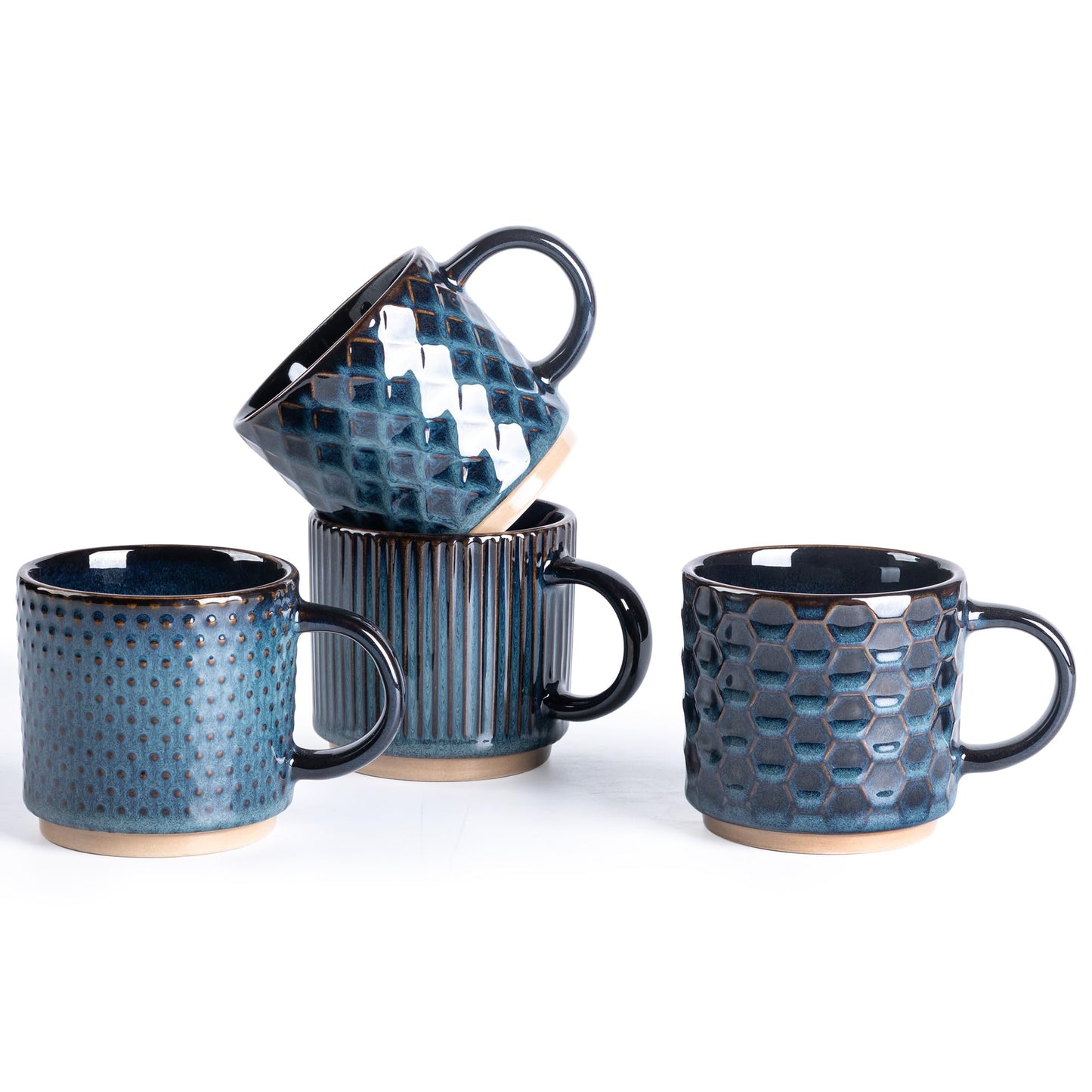 GBhome 12OZ Stackable Coffee Mugs, Ceramic Coffee Mugs with Texture Patterns for Man,Woman,Dad,Mom, Modern Coffee Mugs Set of 4 for Latte/Cappuccino/Cocoa. Dishwasher&Microwave Safe, Pale Khaki
